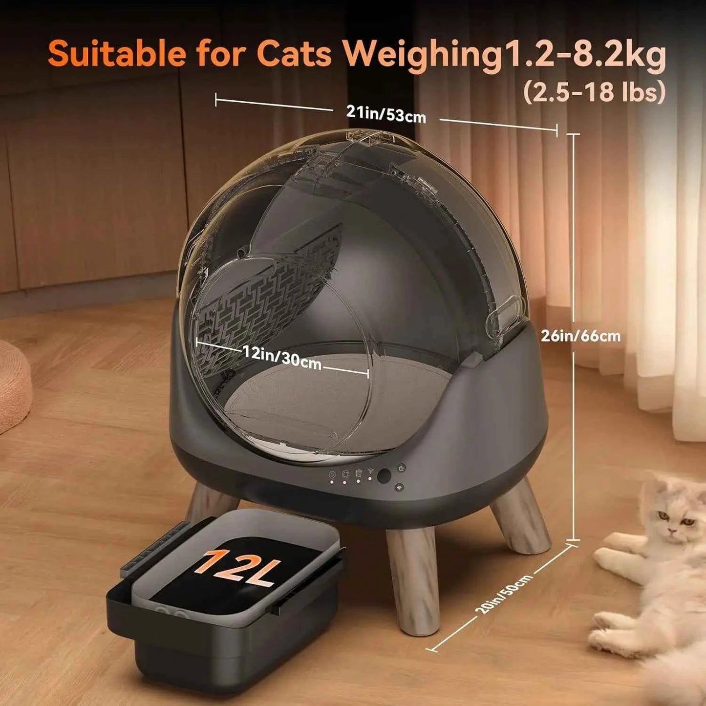 Automatic Self Cleaning Litter Box, Smart App Health Monitor, Multi Cat XL, 65L Grey, Custom - Needora