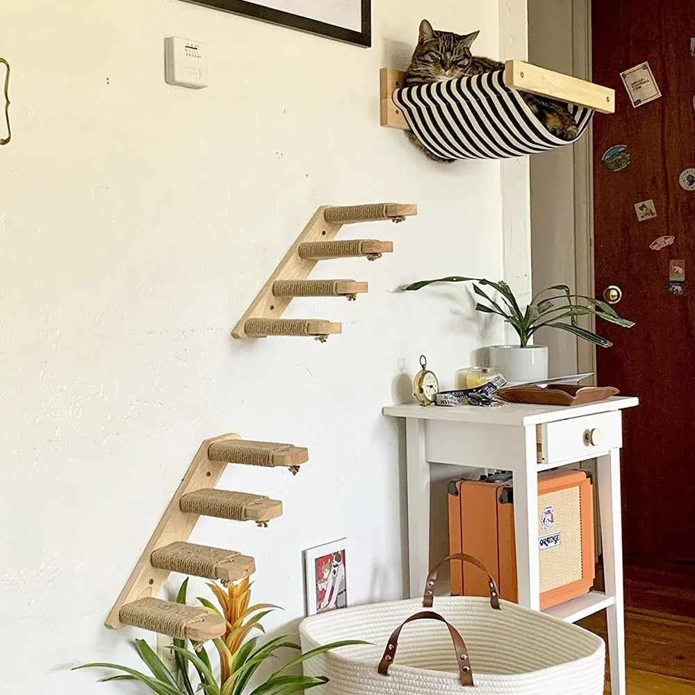 Cat Climbing Shelf Wall Mounted Four Step Stairway With Sisal Scratching Post For Cats Tree Tower Platform Jumping Pet Furniture - Needora