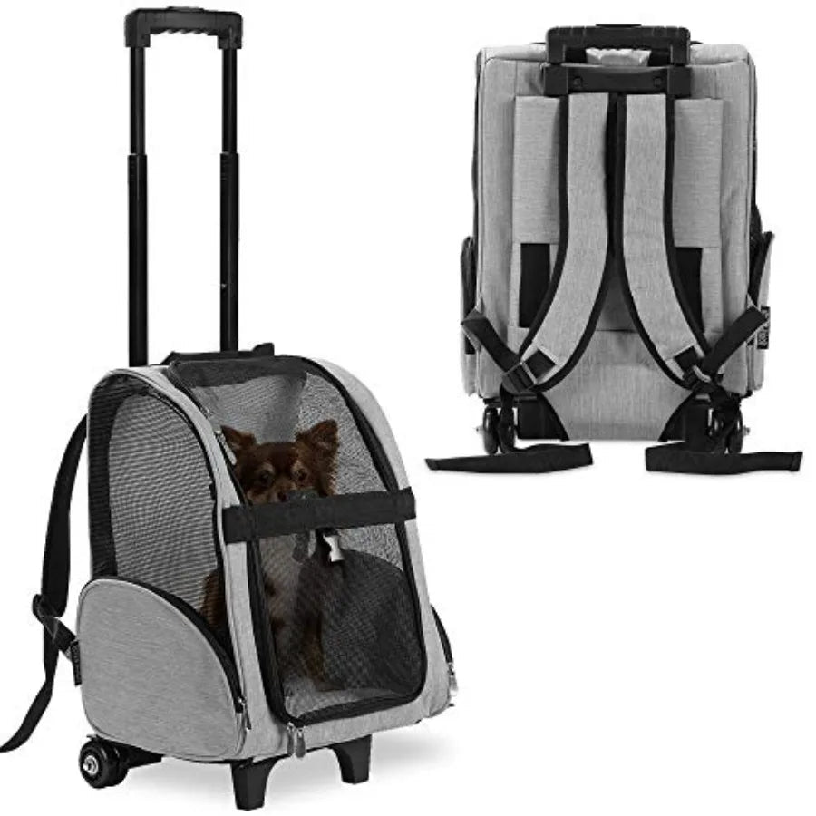Deluxe Backpack Pet Travel Carrier with Double Wheels for Pets up to 10 Pounds - Approved by Most Airlines - Needora
