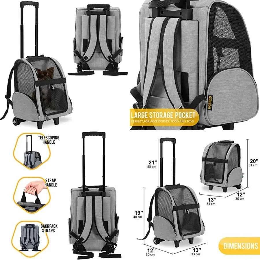 Deluxe Backpack Pet Travel Carrier with Double Wheels for Pets up to 10 Pounds - Approved by Most Airlines - Needora