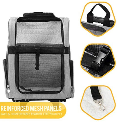 Deluxe Backpack Pet Travel Carrier with Double Wheels for Pets up to 10 Pounds - Black - Approved by Most Airlines - Needora