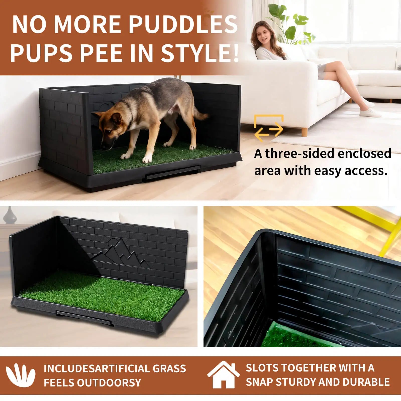 Dog Grass Pad with Tray Indoor Dog Potty 3 High Walls Training Equipment, Male Toilet with Grid, Dog Toilet Dog Litter Box - Needora