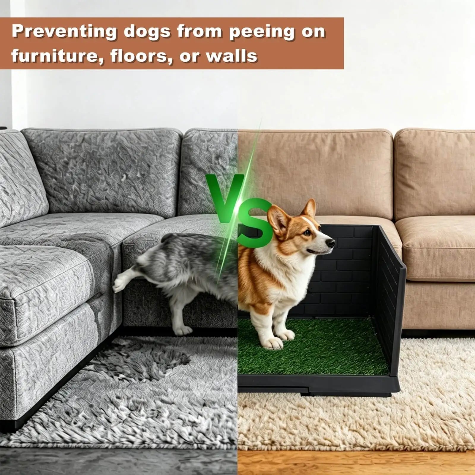 Dog Grass Pad with Tray Indoor Dog Potty 3 High Walls Training Equipment, Male Toilet with Grid, Dog Toilet Dog Litter Box - Needora