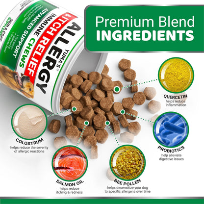 YUMA'S Dog Allergy Relief Chews   Dog Itching Skin Relief Treatment Pills   170 Treats   Anti Itch for Dogs   Itchy and Paw Licking   Dry Skin & Hot Spots   Omega 3 Fish Oil   Skin & Coat Supplement