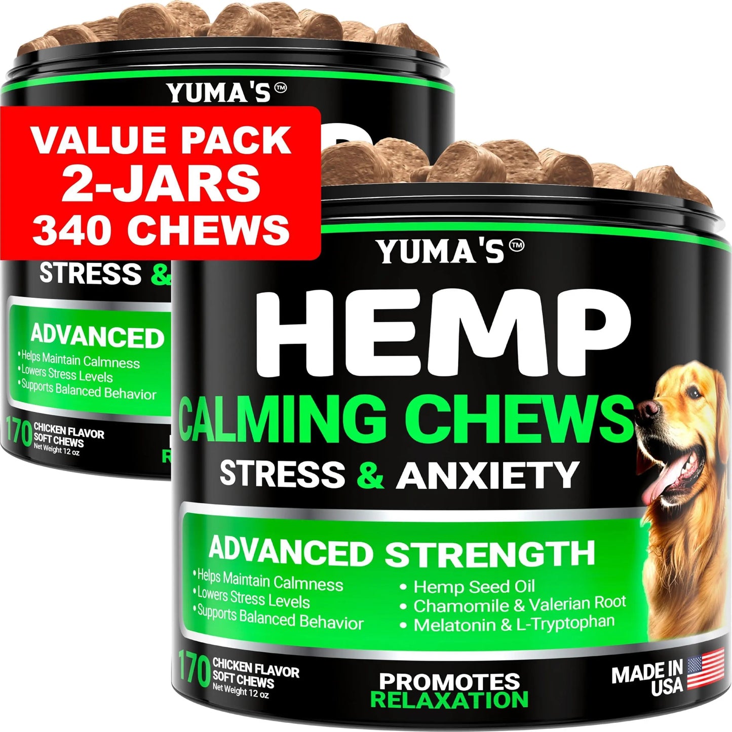 YUMA'S (2 Pack) Hemp Calming Chews for Dogs   Advanced Dog Calming Treats   Dog Calming Chews   340 Chews   Anxiety Relief Treats   Separation Aid Barking Stress Relief   Melatonin   Hemp Oil