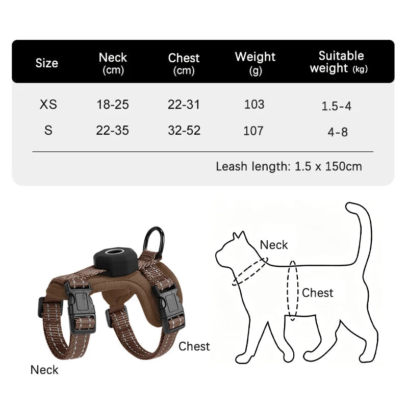 Escape-Proof Cat Harness with AirTag Holder Lightweight Reflective Adjustable Kitten Vest Harness for Outdoor Walking Active Cat - Needora