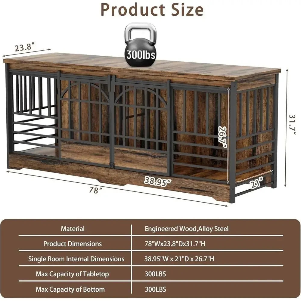 Extra Large 78 Dog Crate for Indoor Use or Two Pets, Sturdy Caging with Divider, Wooden Table TV Stand for XL Dogs in Cognac Bro - Needora