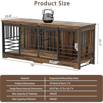 Extra Large 78 Dog Crate for Indoor Use or Two Pets, Sturdy Caging with Divider, Wooden Table TV Stand for XL Dogs in Cognac Bro - Needora