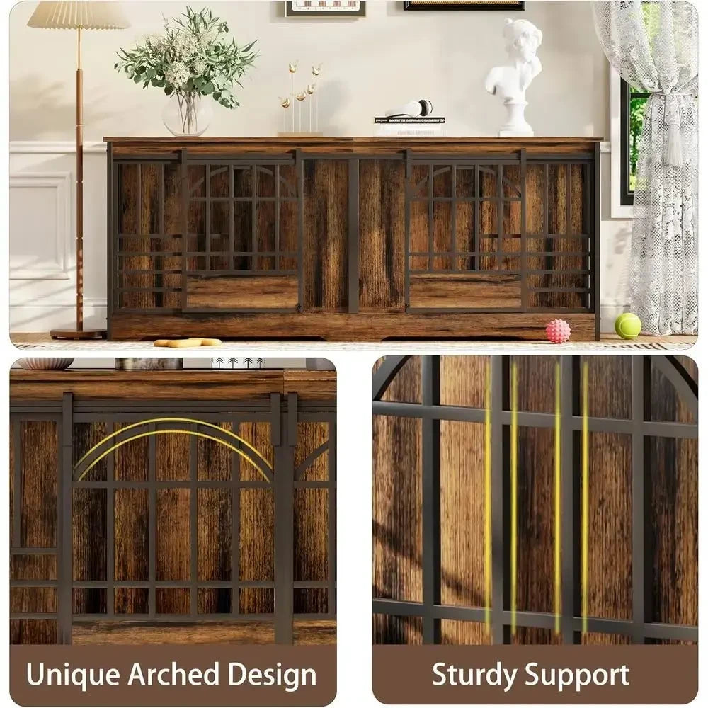 Extra Large 78 Dog Crate for Indoor Use or Two Pets, Sturdy Caging with Divider, Wooden Table TV Stand for XL Dogs in Cognac Bro - Needora