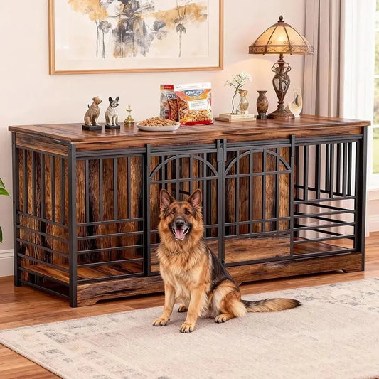 Extra Large 78 Dog Crate for Indoor Use or Two Pets, Sturdy Caging with Divider, Wooden Table TV Stand for XL Dogs in Cognac Bro - Needora