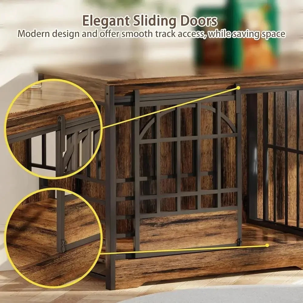 Extra Large 78 Dog Crate for Indoor Use or Two Pets, Sturdy Caging with Divider, Wooden Table TV Stand for XL Dogs in Cognac Bro - Needora