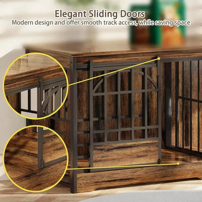Extra Large 78 Dog Crate for Indoor Use or Two Pets, Sturdy Caging with Divider, Wooden Table TV Stand for XL Dogs in Cognac Bro - Needora