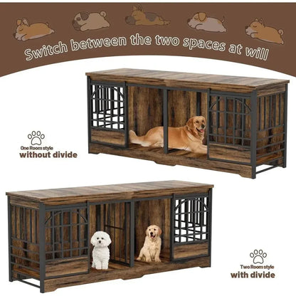 Extra Large 78 Dog Crate for Indoor Use or Two Pets, Sturdy Caging with Divider, Wooden Table TV Stand for XL Dogs in Cognac Bro - Needora