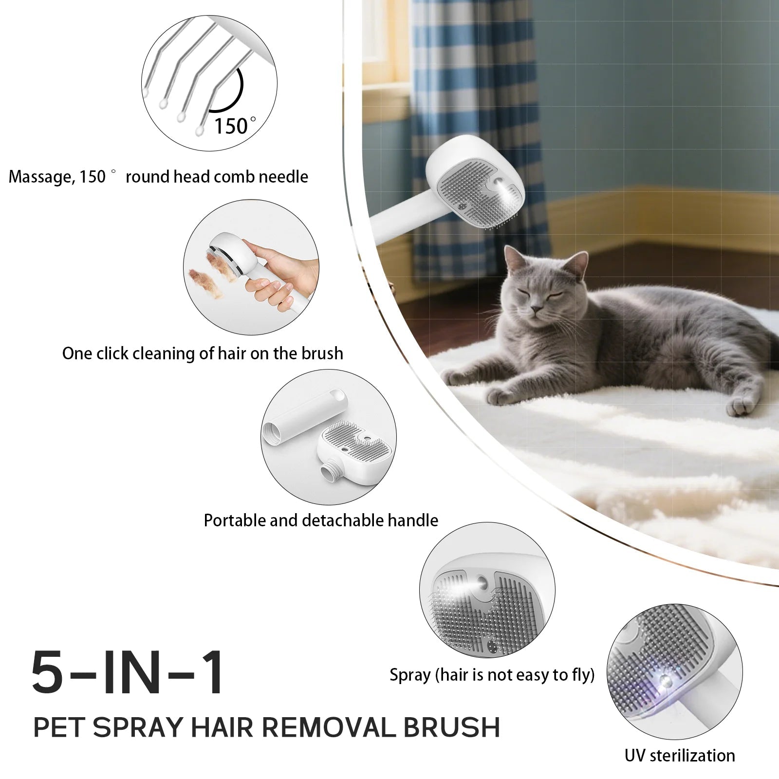 Latest Hot 5-in-1 Pet Steam Massage Brush with UV Sterilizer & Mist Soft Teeth Hair Removal Comb CE FC Certified Easy Clean - Needora