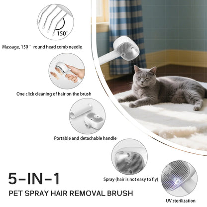 Latest Hot 5-in-1 Pet Steam Massage Brush with UV Sterilizer & Mist Soft Teeth Hair Removal Comb CE FC Certified Easy Clean - Needora