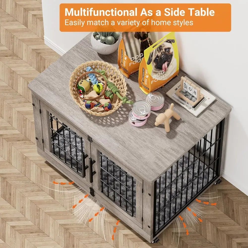 Medium-Sized Dog Crate Furniture, 32 Indoor Wooden Kennel with Cushion and Wheels, Grey - Needora