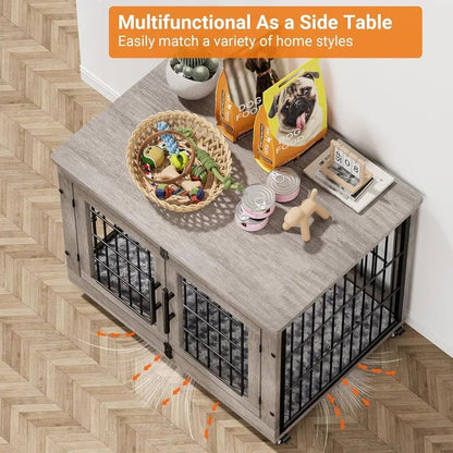 Medium-Sized Dog Crate Furniture, 32 Indoor Wooden Kennel with Cushion and Wheels, Grey - Needora