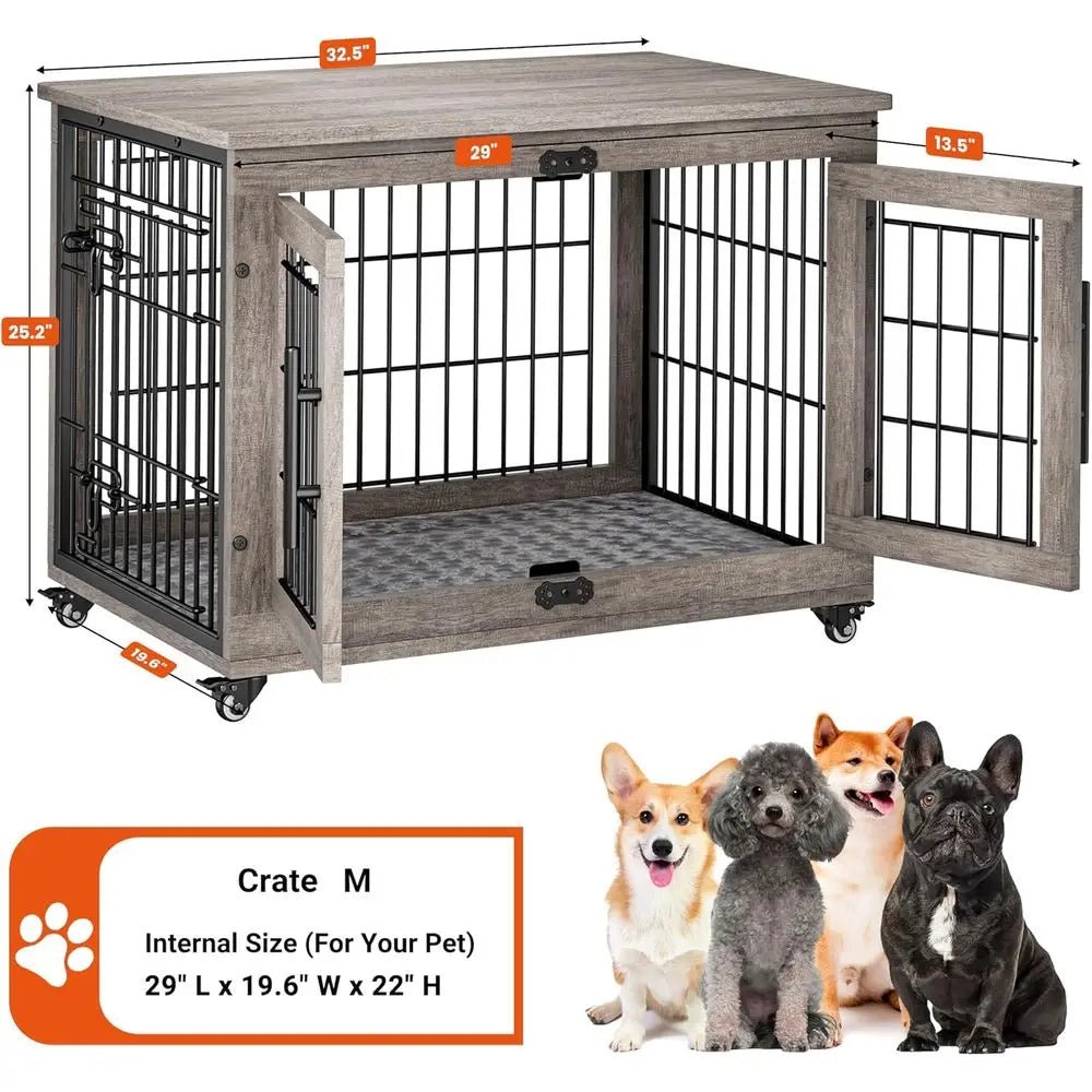 Medium-Sized Dog Crate Furniture, 32 Indoor Wooden Kennel with Cushion and Wheels, Grey - Needora