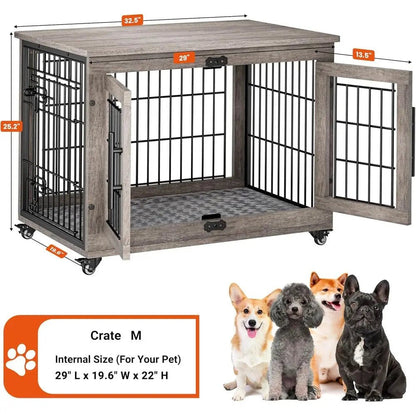 Medium-Sized Dog Crate Furniture, 32 Indoor Wooden Kennel with Cushion and Wheels, Grey - Needora