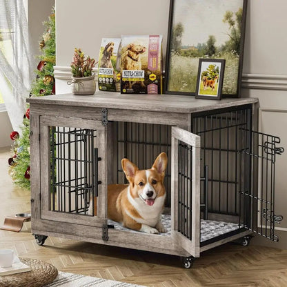 Medium-Sized Dog Crate Furniture, 32 Indoor Wooden Kennel with Cushion and Wheels, Grey - Needora