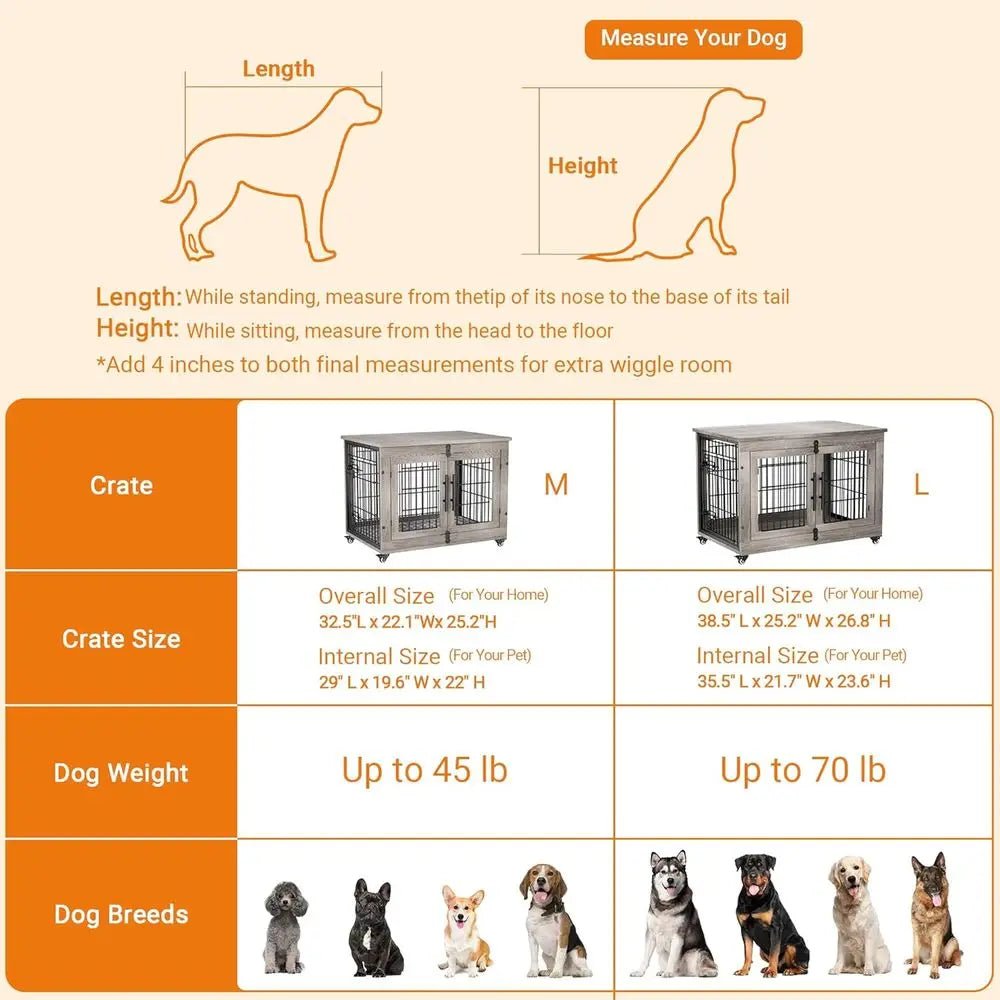 Medium-Sized Dog Crate Furniture, 32 Indoor Wooden Kennel with Cushion and Wheels, Grey - Needora