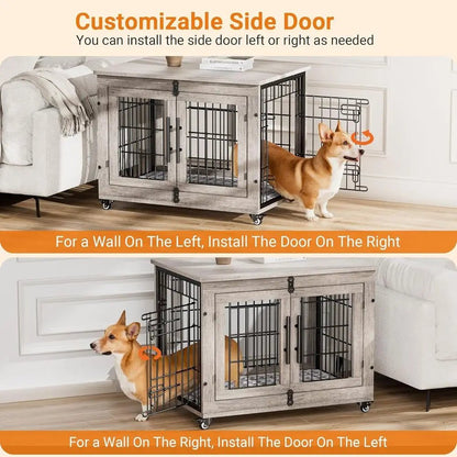 Medium-Sized Dog Crate Furniture, 32 Indoor Wooden Kennel with Cushion and Wheels, Grey - Needora