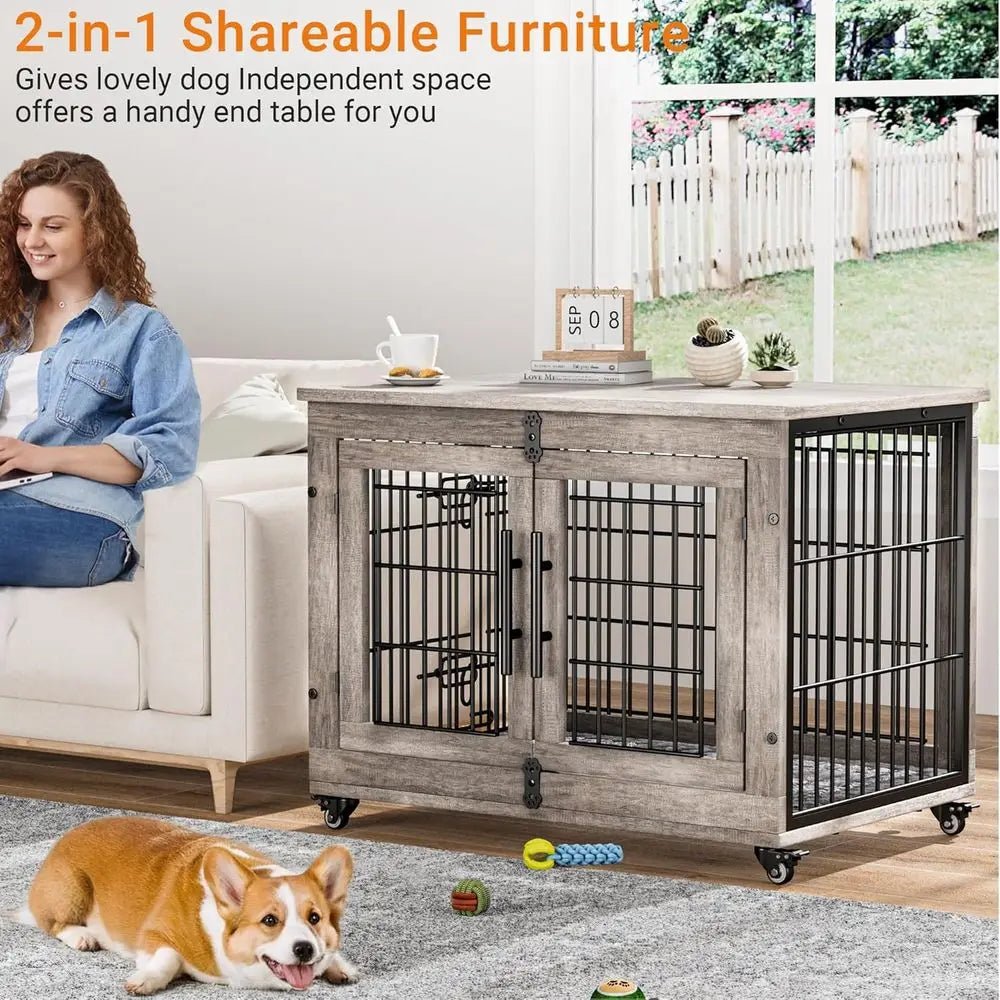 Medium-Sized Dog Crate Furniture, 32 Indoor Wooden Kennel with Cushion and Wheels, Grey - Needora