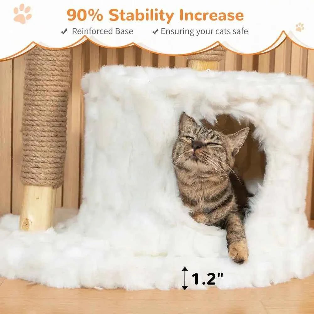 Modern Cat Tree Tower, Cloud Cat Tree with Solid Natural Wood Scratching Post, Luxury Condo amp Perches, Aesthetic White Cat Fu - Needora