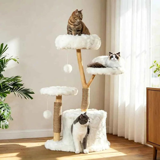 Modern Cat Tree Tower, Cloud Cat Tree with Solid Natural Wood Scratching Post, Luxury Condo amp Perches, Aesthetic White Cat Fu - Needora