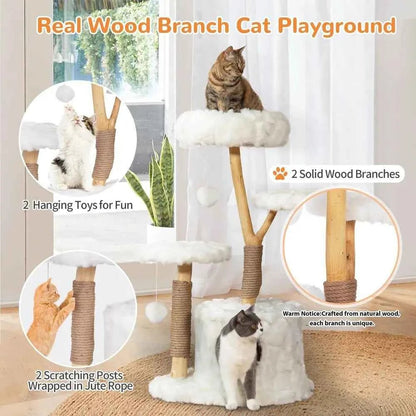 Modern Cat Tree Tower, Cloud Cat Tree with Solid Natural Wood Scratching Post, Luxury Condo amp Perches, Aesthetic White Cat Fu - Needora