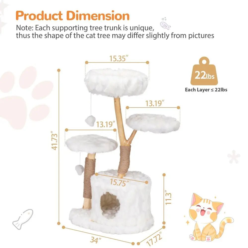 Modern Cat Tree Tower, Cloud Cat Tree with Solid Natural Wood Scratching Post, Luxury Condo amp Perches, Aesthetic White Cat Fu - Needora