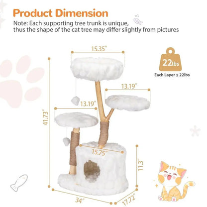 Modern Cat Tree Tower, Cloud Cat Tree with Solid Natural Wood Scratching Post, Luxury Condo amp Perches, Aesthetic White Cat Fu - Needora
