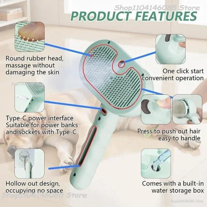 Pet Spray Hair Comb, Steam Massage Brush with Soft Round Teeth, Safe Hair Removal Comb for Dog & Cat Cleaning - Needora