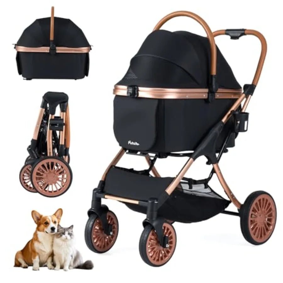 Pet stroller for small medium dogs: foldable 4-wheel design with removable carrier, sun shade, padded seat, safety belt, storag - Needora