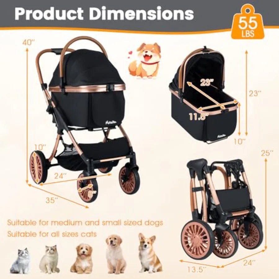 Pet stroller for small medium dogs: foldable 4-wheel design with removable carrier, sun shade, padded seat, safety belt, storag - Needora