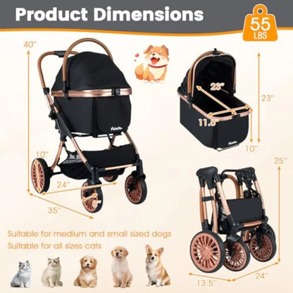Pet stroller for small medium dogs: foldable 4-wheel design with removable carrier, sun shade, padded seat, safety belt, storag - Needora
