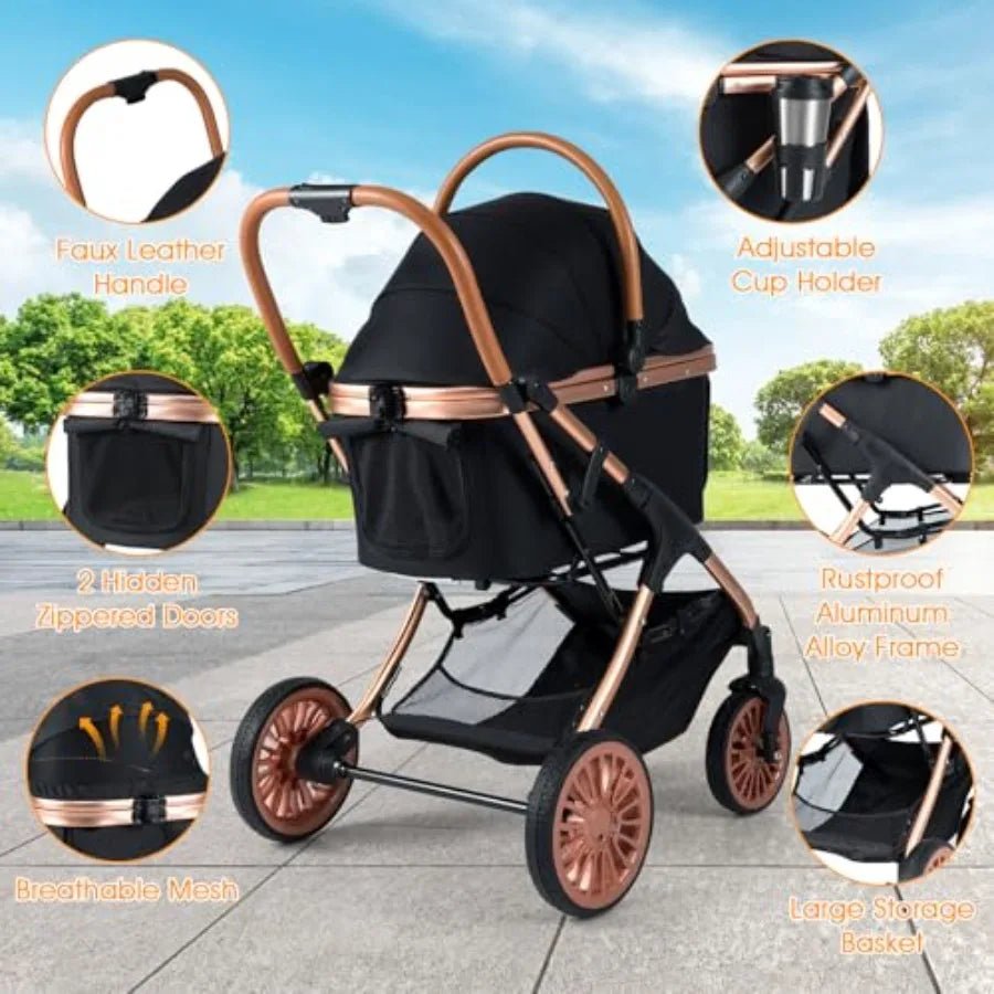 Pet stroller for small medium dogs: foldable 4-wheel design with removable carrier, sun shade, padded seat, safety belt, storag - Needora