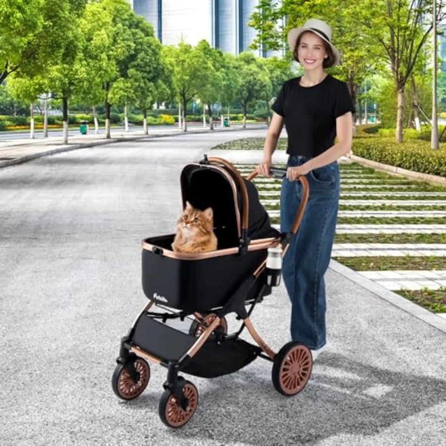 Pet stroller for small medium dogs: foldable 4-wheel design with removable carrier, sun shade, padded seat, safety belt, storag - Needora