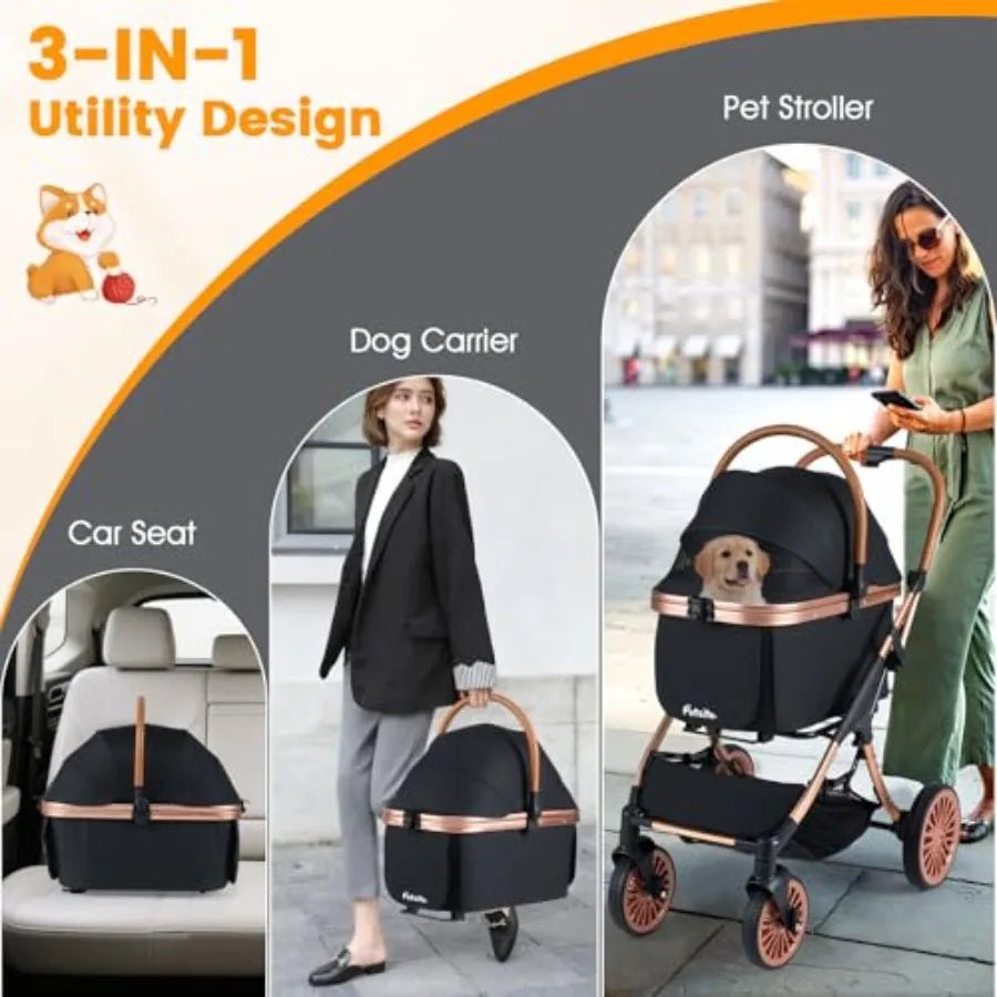 Pet stroller for small medium dogs: foldable 4-wheel design with removable carrier, sun shade, padded seat, safety belt, storag - Needora