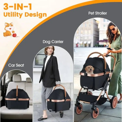 Pet stroller for small medium dogs: foldable 4-wheel design with removable carrier, sun shade, padded seat, safety belt, storag - Needora