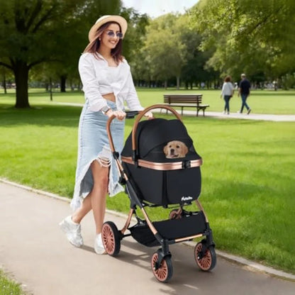 Pet stroller for small medium dogs: foldable 4-wheel design with removable carrier, sun shade, padded seat, safety belt, storag - Needora