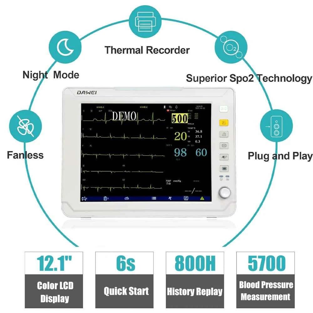 Portable Veterinary Monitor 6 Parameter, 12.1" LCD Big Screen Vet Patient for Pet Dogs Cats Animal Clinic - Needora