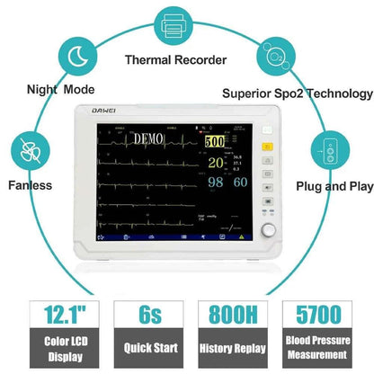 Portable Veterinary Monitor 6 Parameter, 12.1" LCD Big Screen Vet Patient for Pet Dogs Cats Animal Clinic - Needora