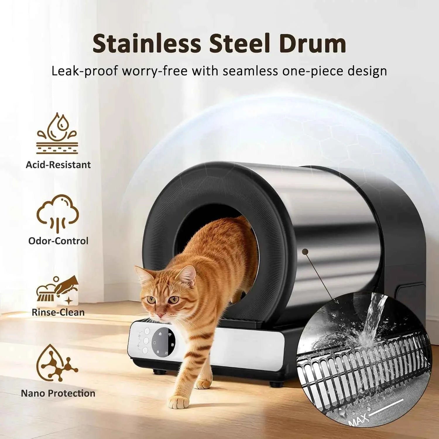 Self Cleaning Automatic Litter Box, Stainless Steel, App Health Monitoring, Odor Control & Safety Sensors for Multi Cat, Custom - Needora