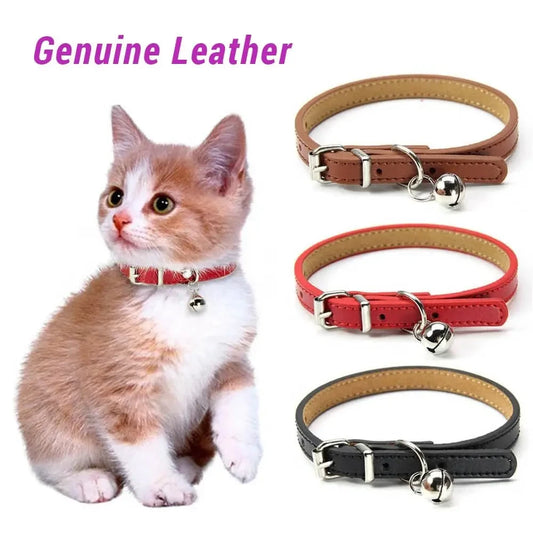 Soft Genuine Leather Cat Collar With Bell Adjustable Puppy Neck Strap For Kitten Necklace Cat Accessories Pet Supplies XS/S - Needora