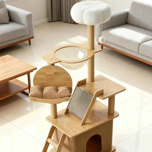 Solid Wood Cat Tree, Floor-to-Ceiling Pet Tower with Cat Jumping Platform & Scratching Post - Needora