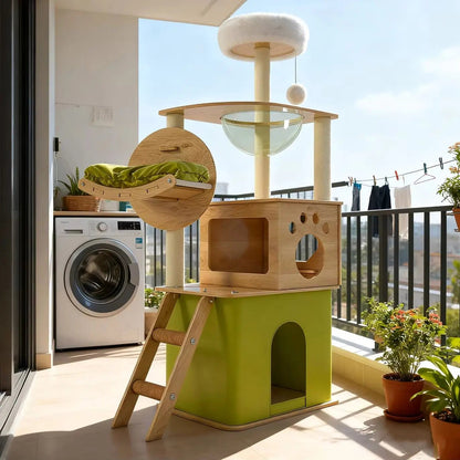 Solid Wood Cat Tree, Floor-to-Ceiling Pet Tower with Cat Jumping Platform & Scratching Post - Needora