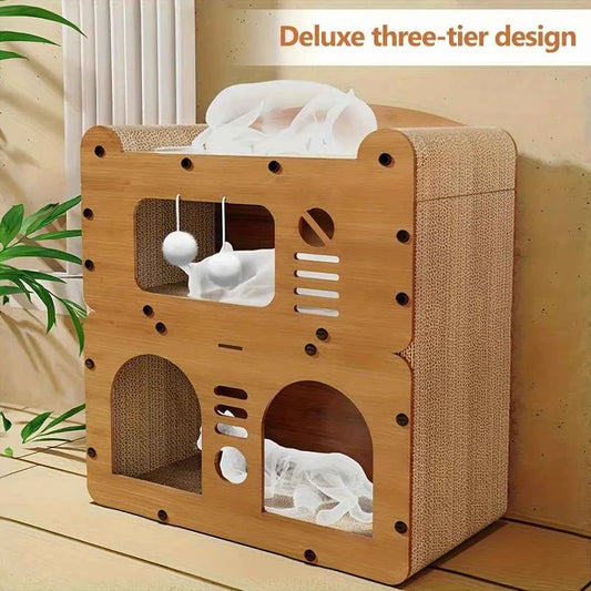 Spacious Cat House for Indoor & Outdoor Use - Multi-Feature Condo with Dual Scratching Boards, Plush Balls, and Ventilation Door - Needora