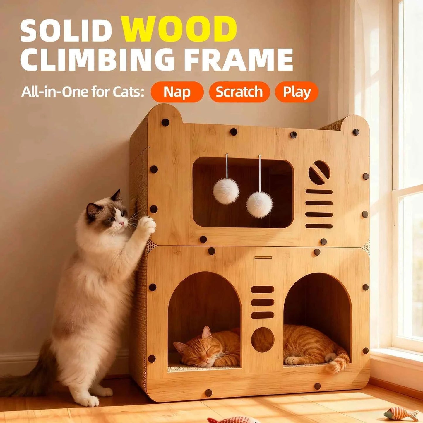 Spacious Cat House for Indoor & Outdoor Use - Multi-Feature Condo with Dual Scratching Boards, Plush Balls, and Ventilation Door - Needora