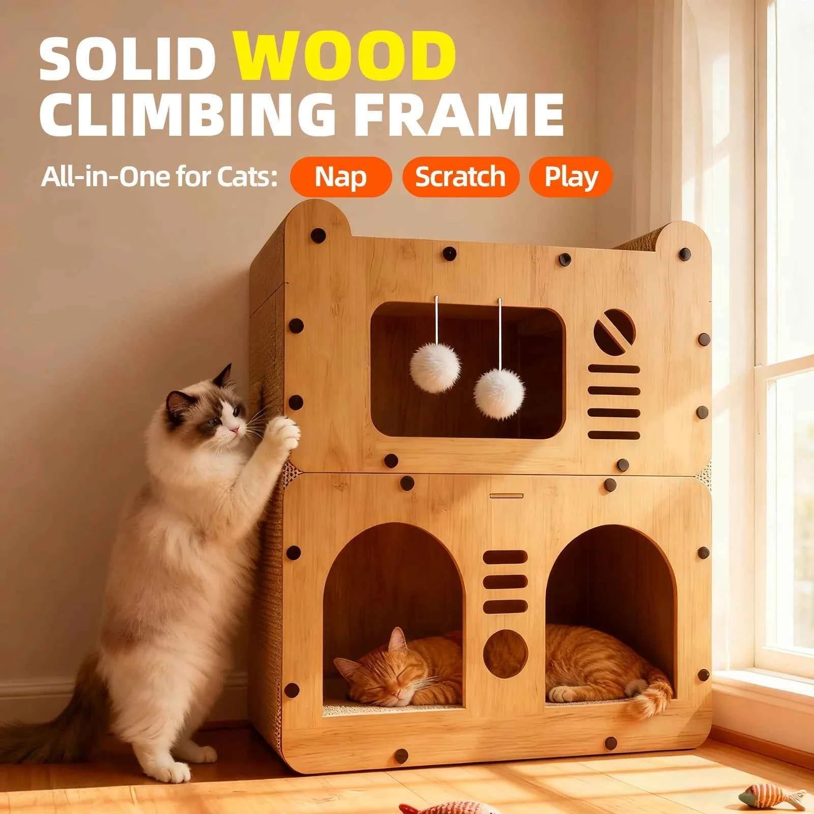 Spacious Cat House for Indoor & Outdoor Use - Multi-Feature Condo with Dual Scratching Boards, Plush Balls, and Ventilation Door - Needora